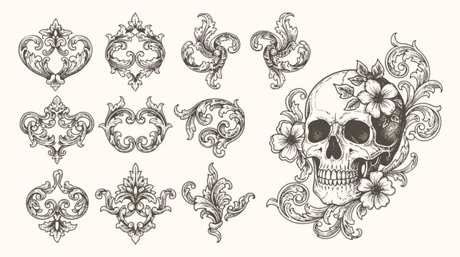 Detailed vintage skull illustration with floral decorations and ornate baroque elements, featuring elegant flourishes, curls, and patterns.