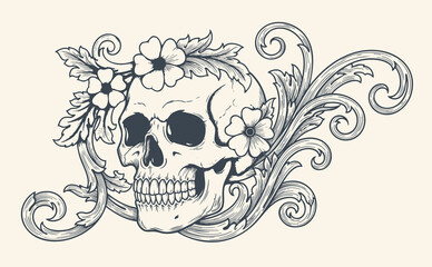 Detailed vintage skull illustration with floral decorations and ornate baroque elements, featuring elegant flourishes, curls, and patterns.