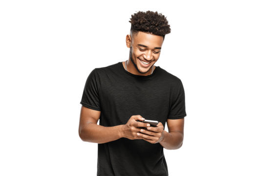 African-American man in black tee smiles and uses a phone. Isolated cutout for social media, website design, or poster.