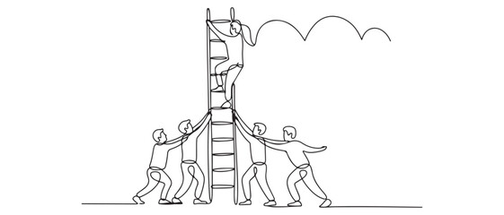 One continuous line drawing of team members support their leader to climb the ladder to reach the sky to reach the success. Vector black silhouette. with white background