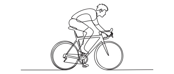 Single continuous line drawing of young agile man cyclist train to pedal cycling fast. Sport lifestyle concept. Vector black silhouette. with white background