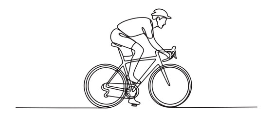 Obraz premium Single continuous line drawing of young agile man cyclist train to pedal cycling fast. Sport lifestyle concept. Vector black silhouette. with white background