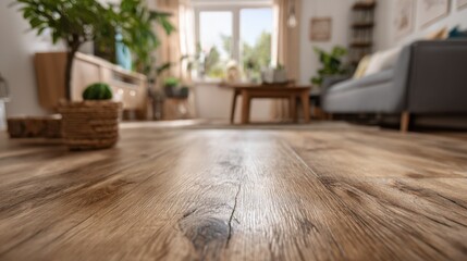 Medium shot showcasing a rustic oak laminate plank in sharp focus with blurred natural living room background emphasizing warm affordable luxury flooring options.