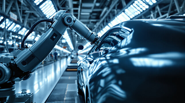 Inside a fully automated car factory, advanced robotic arms assemble vehicles with precision under dramatic lighting, highlighting high-tech automation, industrial innovation, and futuristic cinematic
