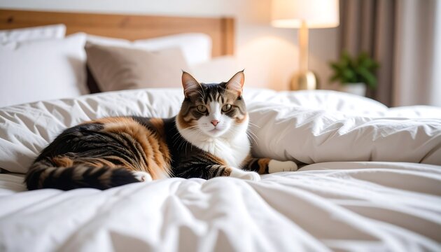 A calico cat resting on a white bed