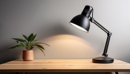 modern minimalist desk lamp with a sleek design features a black shade and light beige wooden base providing focused task lighting