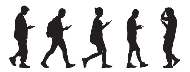 Silhouettes of walking men using phones on the go. 1 man with backpacks. Side view. Vector illustration isolated on white background.