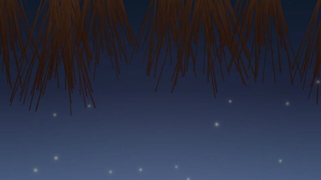 Night sky with stars and thatched roof under twilight ambiance  