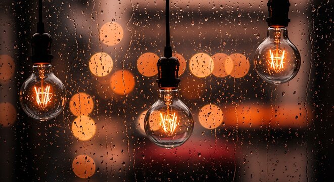 Raindrops on a windowpane with a warm, comforting glow from vintage light bulbs and soft city bokeh.