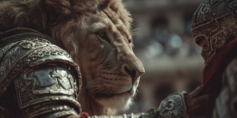 Majestic lion with a warrior in ornate armor in an epic fantasy setting during twilight