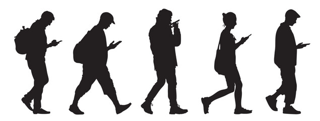 Silhouettes of walking men using phones on the go. Two men with backpacks. Side view. Vector illustration.