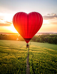 Heart shaped hot air balloon sunrise field
