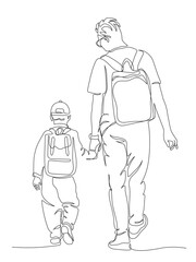 Man with child boy hands holding and walking away. Commuting to school. Back view. Continuous line drawing. Vector illustration in line art style.