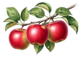 Watercolor painting of three ripe red apples hanging from a branch with green leaves