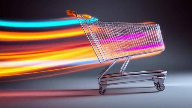 A shopping cart trails streaks of colorful light against a grey backdrop, motion implied