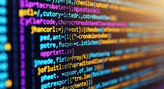 Colorful computer code on a screen with a shallow depth of field. Web development and programming concept. A close-up of a software script representing IT and data technology.