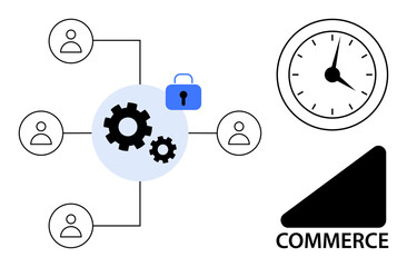 Team interconnected through gears and lock icon, clock for time management, commerce triangle. Ideal for collaboration, technology, business efficiency, networking, security commerce innovation. A