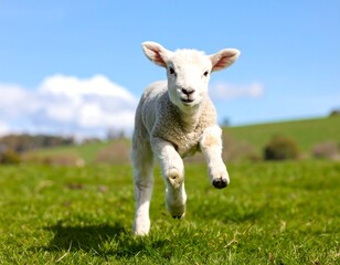 Adorable lamb leaping in a grassy field under a clear sky