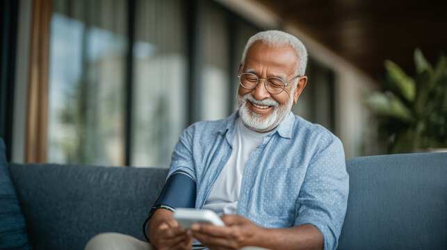 Senior man checking blood pressure at home using digital device, close-up of health monitoring process, warm natural light, focus on healthy lifestyle and self-care.