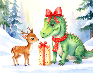 Festive Iguanodon exchanging gifts with a deer in a winter wonderland
