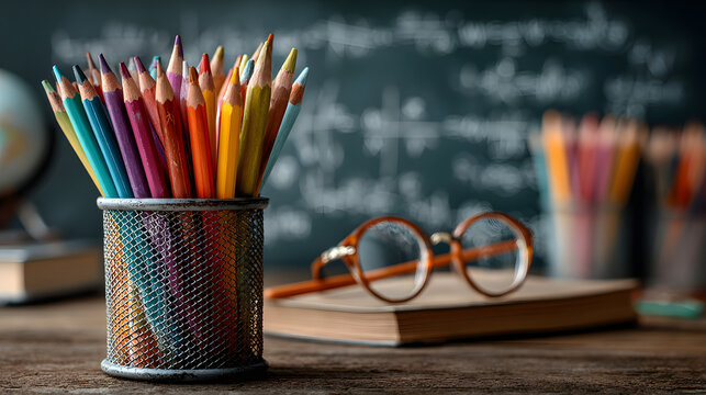 Vibrant colored pencils and glasses on a book near a chalkboard
