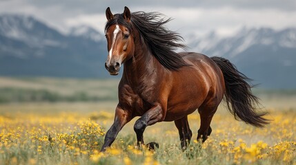 Majestic brown horse galloping through wildflower field under cloudy mountains