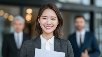 Smiling young Asian woman attending a professional job interview, confidently holding resume while two recruiters evaluate her in a modern office environment."