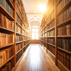 Historic library corridor with sunlight