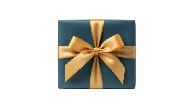 Blue gift box with gold ribbon isolated on transparent background for holiday