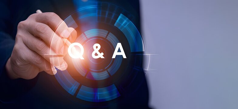 A businessman using a stylus on a Q&A holographic interface. Customer support and online help. A user finding answers in a digital knowledge base or FAQ.