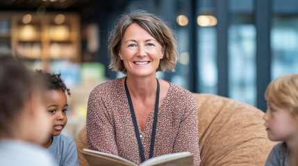 Friendly teacher sitting on beanbags with a group of diverse children in a library, reading a book and engaging them in storytelling."