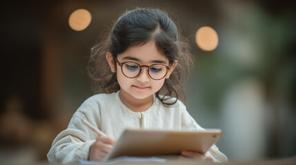 Little Indian girl with glasses studying at home using digital tablet, writing notes in notebook, online education concept.
