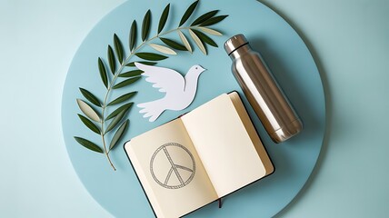 Flat lay photo of peace concept with notebook showing peace symbol, paper dove, olive branch, and reusable bottle, ideal for International Peace Day poster, campaign or social media design