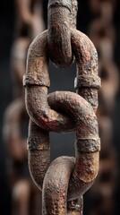 Heavy rusted metal chain links closely connected against a dark background highlighting texture and wear