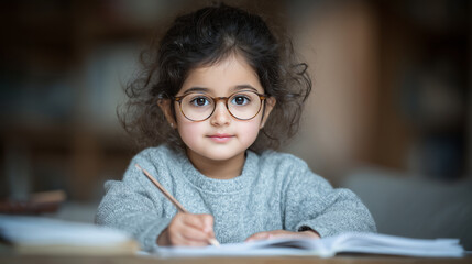 Little Indian girl with glasses studying at home using digital tablet, writing notes in notebook, online education concept.