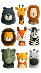 Cute animal illustrations featuring a bear, giraffe, lion, fox, zebra, hippo, tiger, and more suitable for children's decor