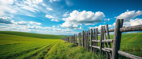 Fototapeta premium Wooden fence running along green field under scenic sky