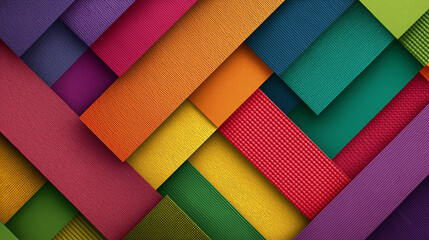 A bold abstract design of layered geometric paper shapes in vibrant, contrasting colors.
