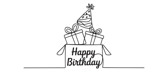 Continuous one line drawing template gifts box with party concept. Bday presents cardboard box or banner template with happy birthday typography. Vector black silhouette. with white background