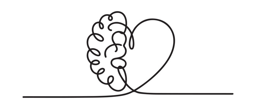 One continuous line drawing of half human brain and love heart shape logo icon. Psychological split affection logotype symbol template concept. Vector black silhouette. with white background