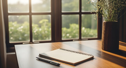 A serene workspace illuminated by soft sunlight filtering through the window, creating a peaceful ambiance with a notebook, pen, and flower vase set against a tranquil background of lush greenery