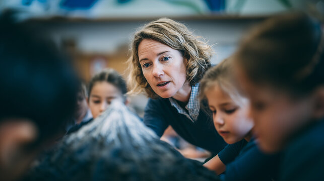 Elementary school students watching volcanic eruption science project, teacher explaining geology concept, classroom filled with curious children, educational experiment scene geol