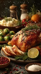 Delicious roasted chicken centerpiece with seasonal vegetables and spices for festive dinner setting