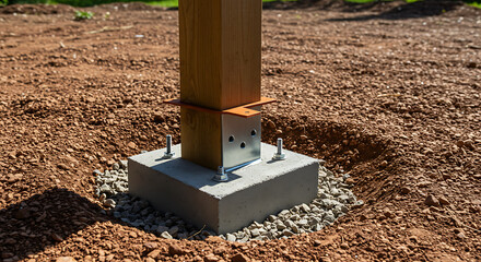 Close-up of a wooden post secured to a concrete foundation with metal bracing and bolts, surrounded by gravel and soil in an outdoor setting