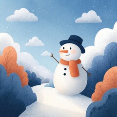 Cheerful snowman waving in winter landscape surrounded by trees on a snowy day