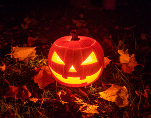 Illuminated pumpkin on fall foliage