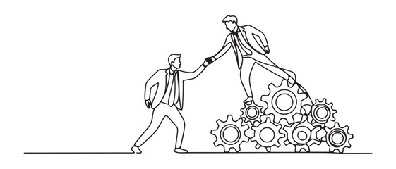 Single one line drawing two young businessmen helping each other to go up to pile of cogs. Teamwork people trust assistance. Vector black silhouette. with white background