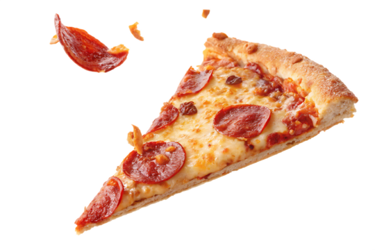 Template with delicious tasty slice of pepperoni pizza flying on white background