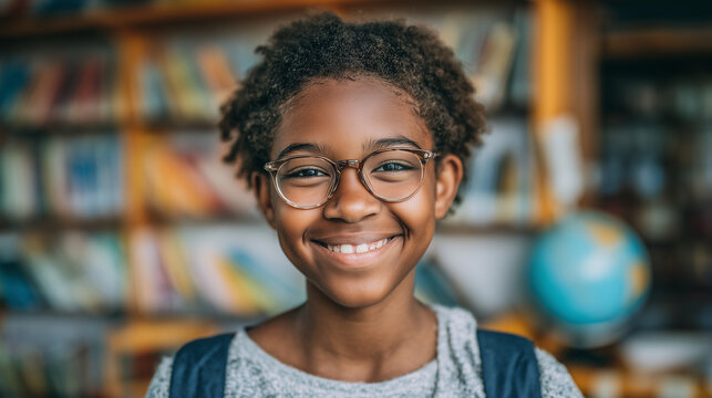 A smiling African American schoolgirl wearing glasses and a backpack, standing confidently in a bright classroom filled with colorful bookshelves, globe, and educational materials,