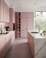 Modern Minimalist Kitchen with Soft Pink Cabinets and White Marble Countertops